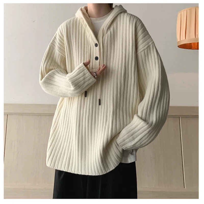 Men's Winter New Hooded Pullover Sweater Hong Kong Style Loose Relaxed Fashion Thickened Knitted Coat Men's Clothing K0018 round neck loose simple fashion trend cute sweet pullover color matching autumn and winter new hong kong style sweater