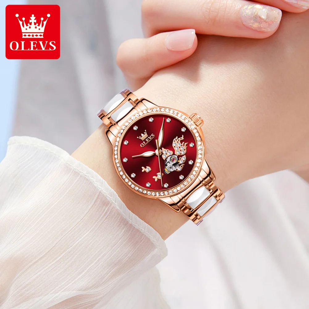 OLEVS Brand Luxury Automatic Mechanical Watch Women Fashion Ladies Watch Elegant Ceramics Wristwatch Casual Female Montre Femme