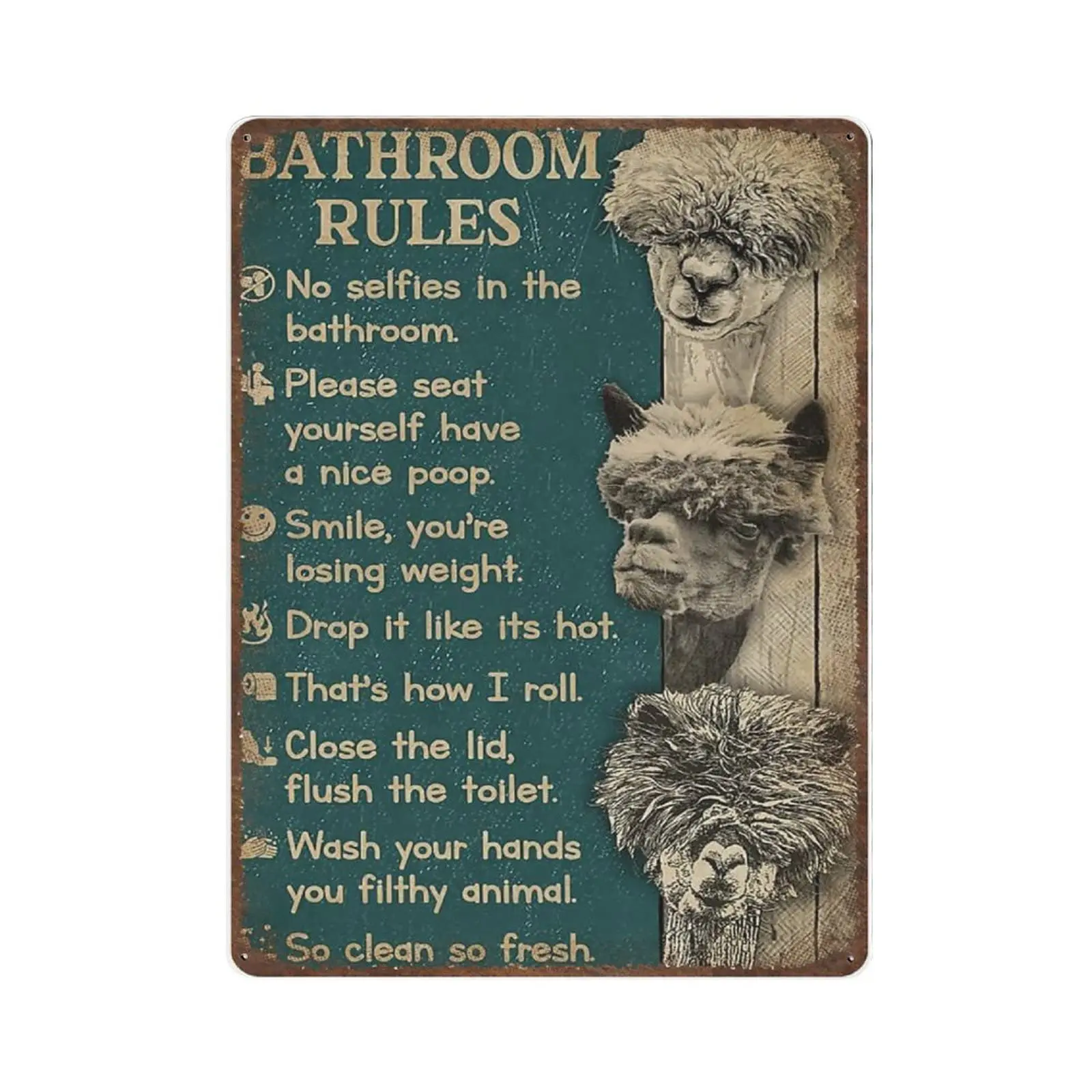

Vintage Metal Tin Sign Plaque, Bathroom Rules Alpacas Vertical Sign,Man cave Pub Club Cafe Home Decor Plate，Birthday Anniversary