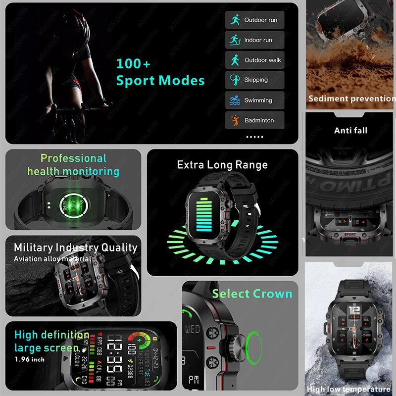 For Xiaomi Rugged Military Smart Watch Men Sports Ftiness GPS Watches IP68 Waterproof 1.96'' AI Voice Bluetooth Call Smartwatch 6