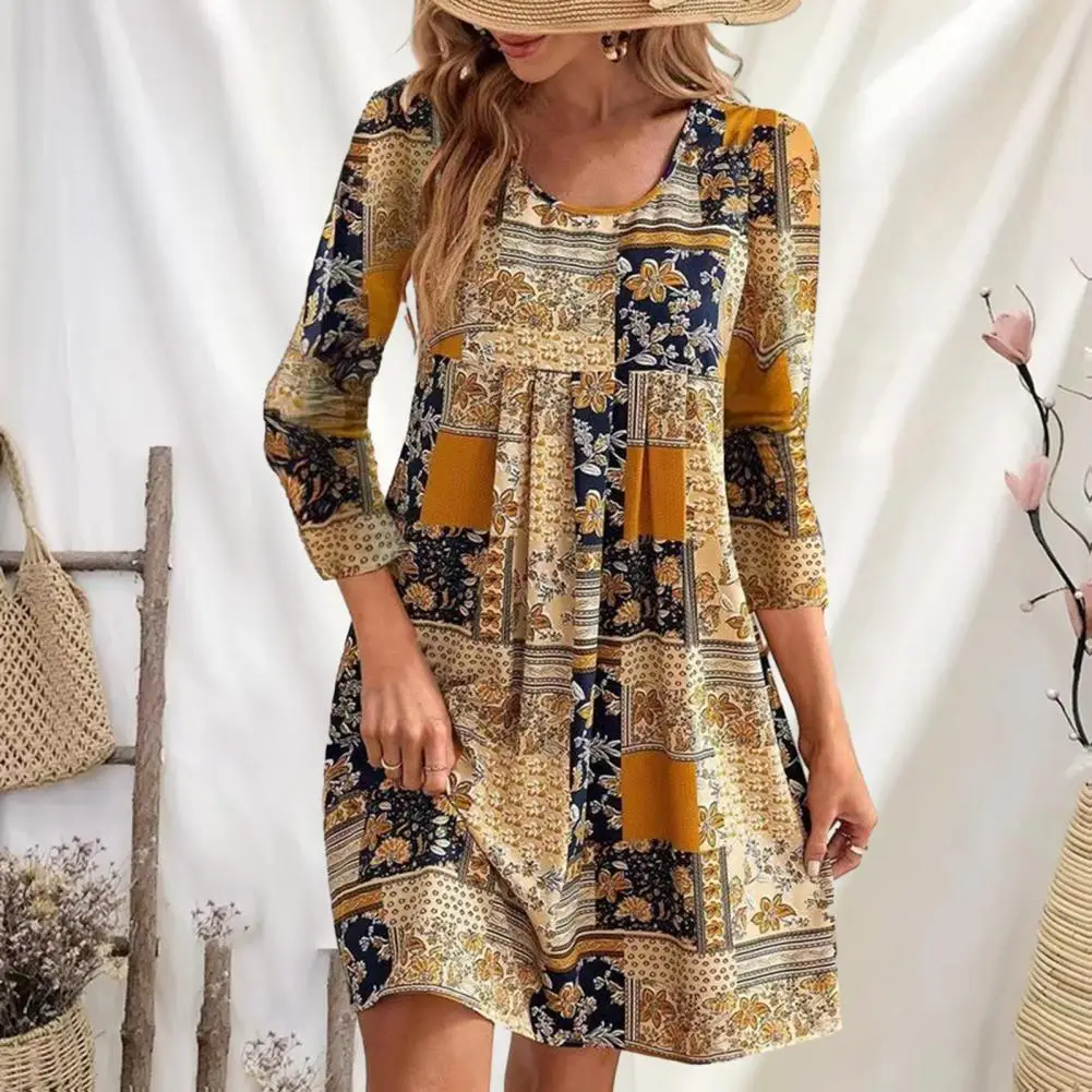 

Women Spring Dress Retro Ethnic Print Long Sleeve O Neck Loose Pullover Dress Soft Breathable Above Knee Length Lady Mini Dress