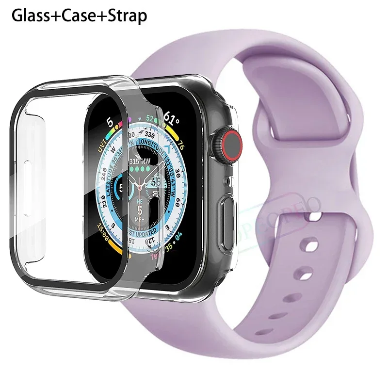 Premium Silicone Apple Watch Band with Glass Case and Strap - Compatible with All Series