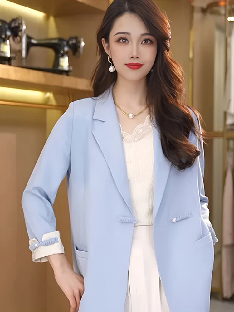 

UNXX Chinese Style 2024 Spring Autumn New Blazer Women Fashion Casual Roll Sleeves Loose Versatile Pocket Decoration Suit Coat