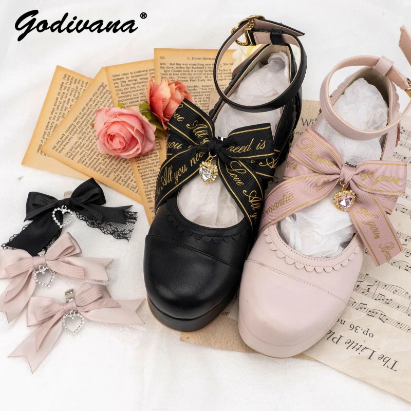 Japanese Mine Mass-Produced Letter Ribbon Shoe Clip Sweet Shoe Buckle Uniform Shoes Black Pink Hair Clips Female Girls