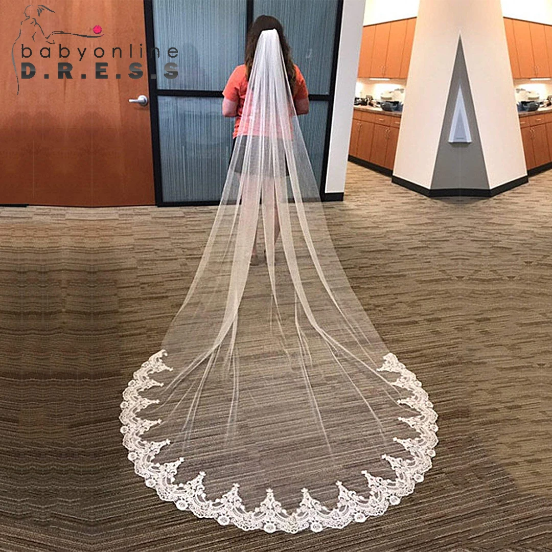 BABYONLINE Flower Lace Edged Appliques Veil Comb 1 Tier Veil 3mx1.5m Long Cathedral Length Weding Bride Accessories bridal veil