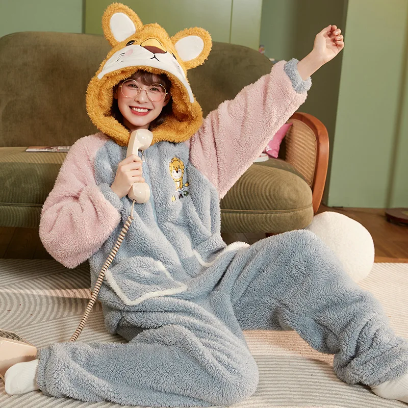 

Winter Warm Cute Ear Hooded Pijama Stitch Onesies Women Sleepwear Flannel Velvet Lion Thick Pajamas Cartoon Costumes Jumpsuits