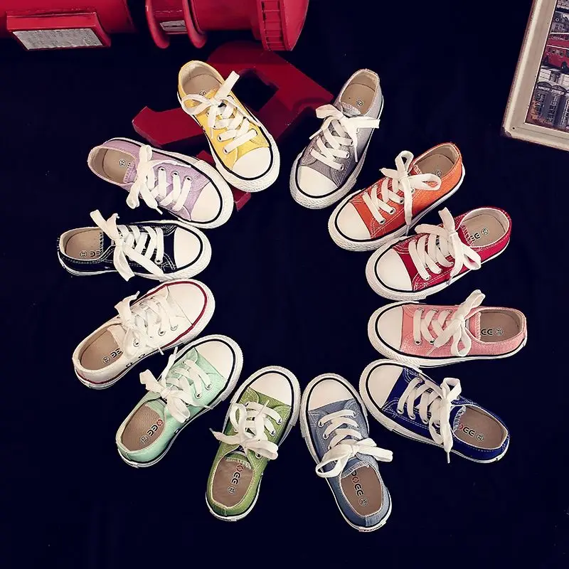 Students Classic Canvas Shoes Camp Style Children\'s Shoes Girls Boys Sneakers Lace-Up Kids Casual Shoes Candy Color Sports Flats