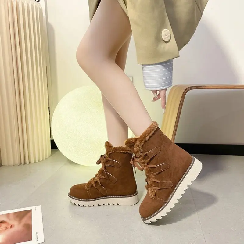 New Winter Women Fluffy Boots Casual Warm Fur Mid-Calf Boots Shoes Women Lace Round Toe Platform Boots Snow Boots Shoes Fashion