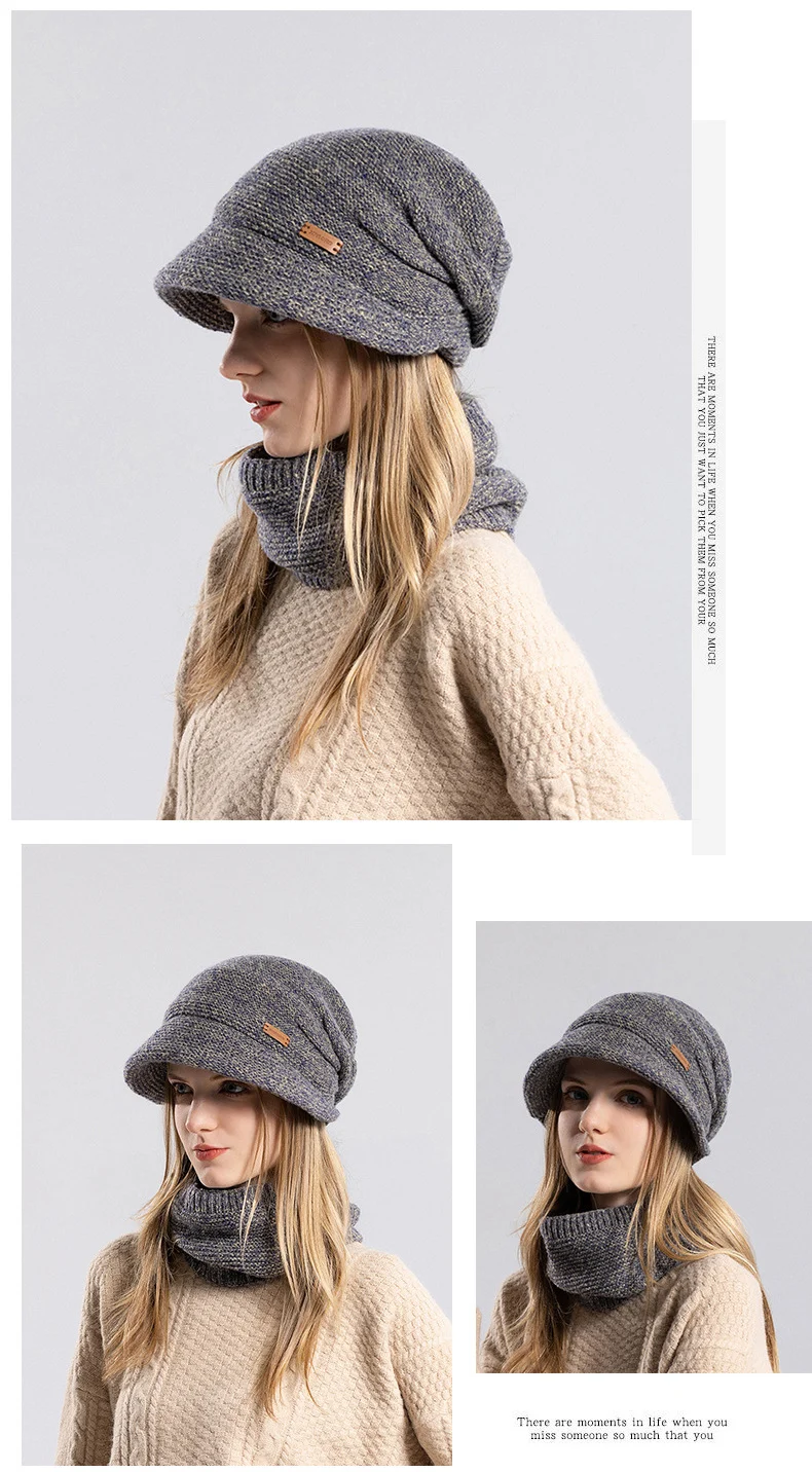 CHRLCK Bonnet Chapeaux Ensemble Femmes Chaud Tricoté Crâne Cap Cou Plus Chaud Épaissir Fourrure Doublé Dame Hiver Chapeau Masque Écharpe_voghion.com
