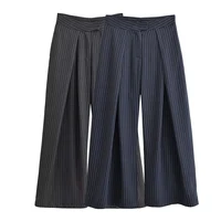 Women Fashion Stripe Pleated Wide Leg Pants Female Elegant Pockets High Waist Long Trousers Spring Autumn High Street Chic Pants