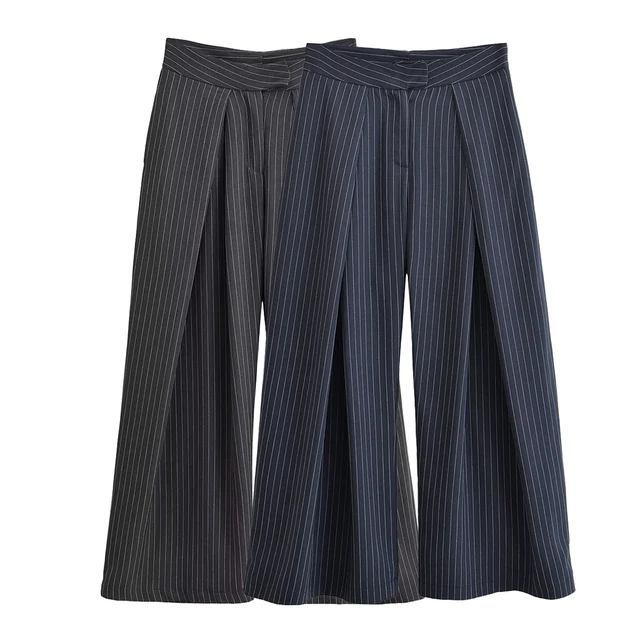 Women Fashion Stripe Pleated Wide Leg Pants Female Elegant Pockets High Waist Long Trousers Spring Autumn High Street Chic Pants