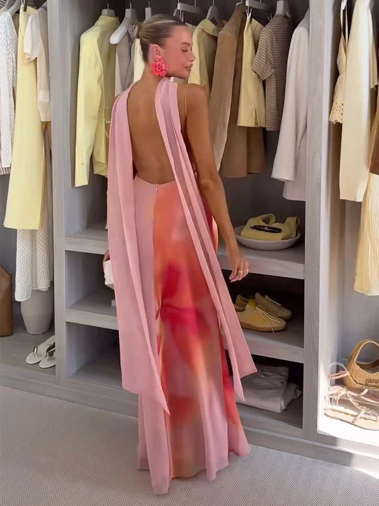 TFMLN Elegant Women Tie-dye Print Sling Dress With Scarf Holiday Style Sleeveless Long Evening Dress Female New Vacation Robes