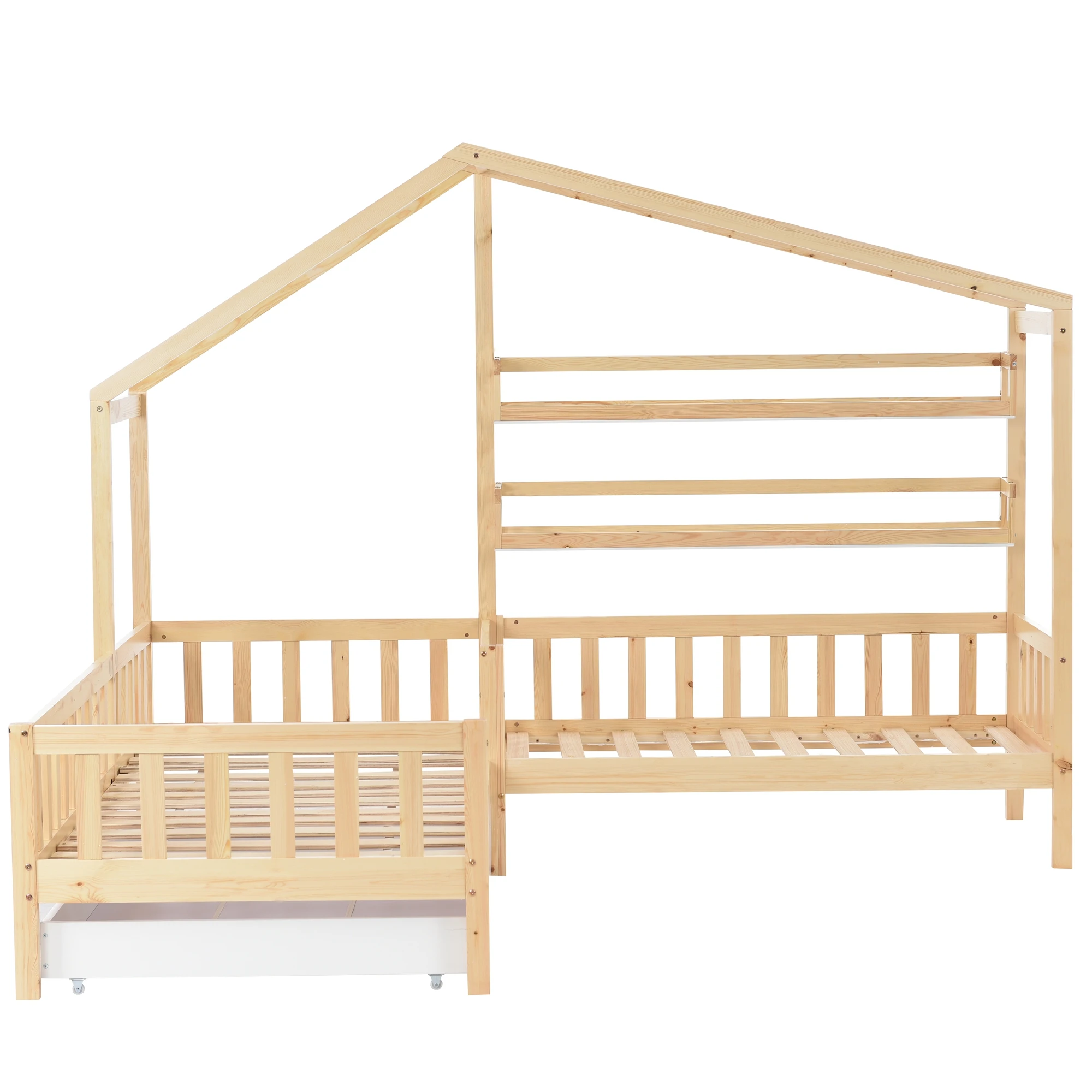 Kinderhausbett mit Schubladen und Regalen, Massivholz mit Zaun und Lattenrost, L-Form, naturfarben (90x200 cm+140x70cm) – Detail 11