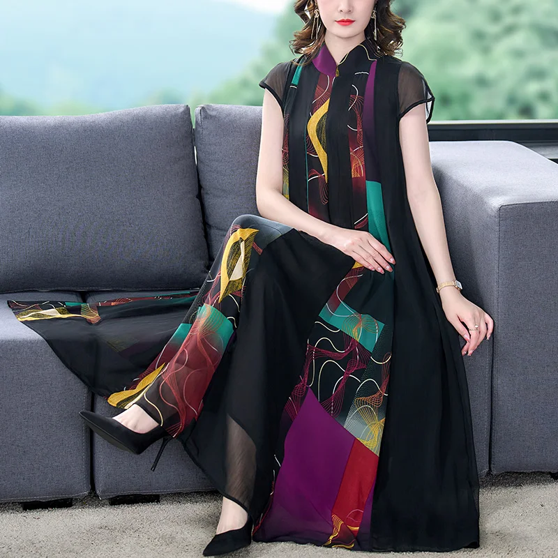 

2023 New Summer Silk Chiffon Printed Long Dress Sleeveless Mesh Spliced Women's Bohemian Loose Large Slim Knee Length Robe