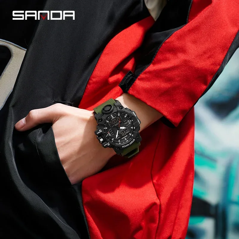 SANDA 6126 Military Man Alarm Stopwatch Quartz Wristwatch Male Digital Clock  Dual Display Men Watches Waterproof Sports Watch 4