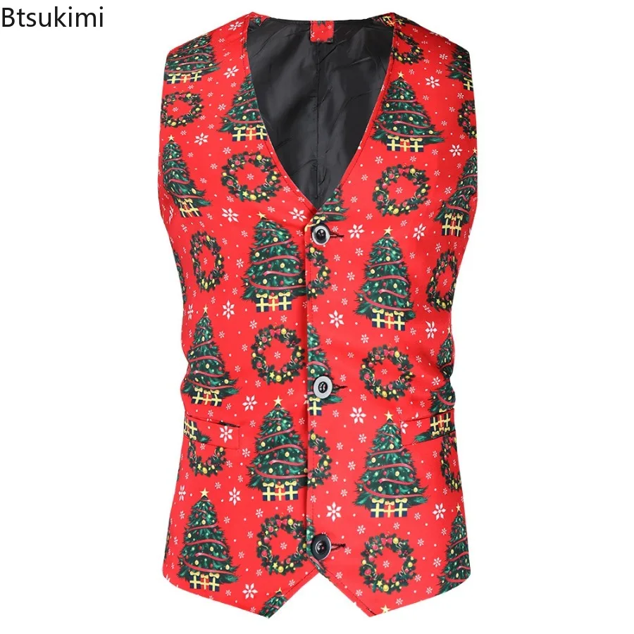 Christmas Party Men's Outwear Vests Cute Cartoon Santa Claus Snowflake Plaid Print Sleeveless V Neck Singel Breasted Slim Jacket