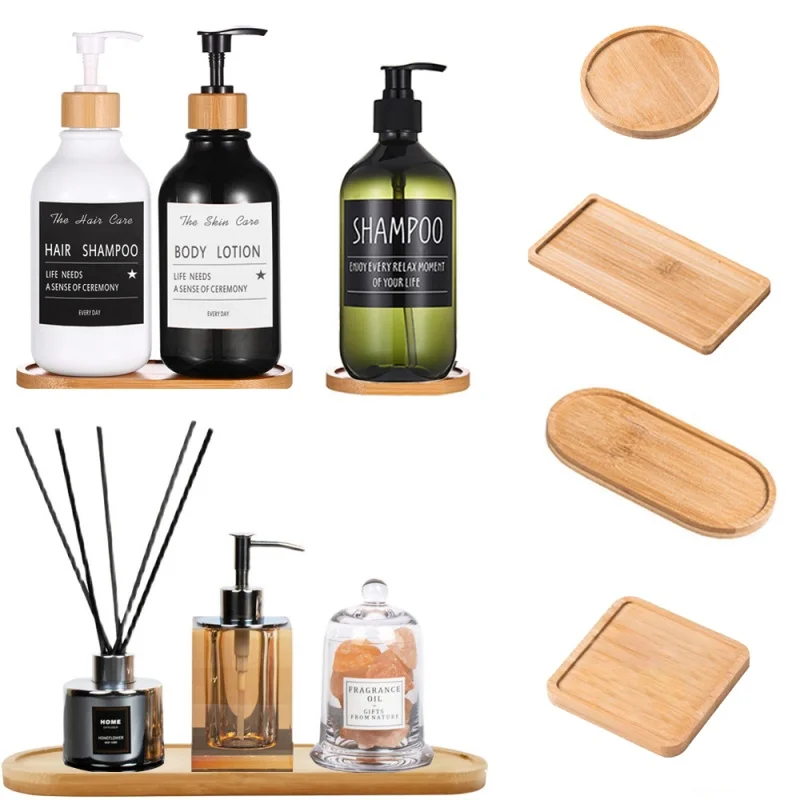 Wooden Tray 1/2/4PCS Simple Bamboo Wooden Bottle Tray Bathroom Shampoo Shower Gel Organizer Oval Rectangular Jewelry Storage Tray