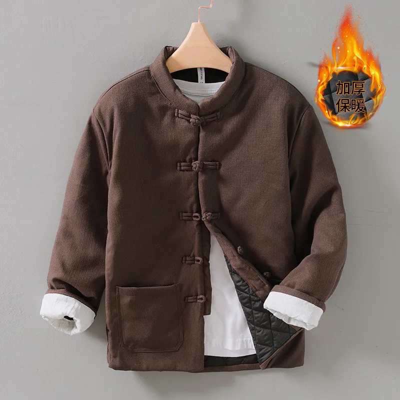 L112 Chinese Vintage Style Men Cotton Linen Padded Coats Winter Fashion Solid Color Stand Collar Thicken Lining Warm Jacket Tops