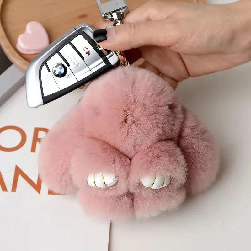 15Pcs Rex Rabbit Fur Pom Bunny Rabbit Keychain - Cute Fluffy Bag Purse Charm Key Fob