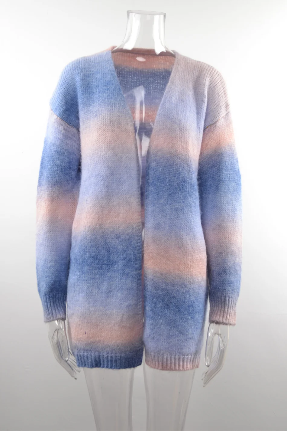 2024 New Winter European American Sweaters Rainbow Tie-dye Mid-length Oversized Cardigan Women Knitwear Jacket Long Sleeved Tops