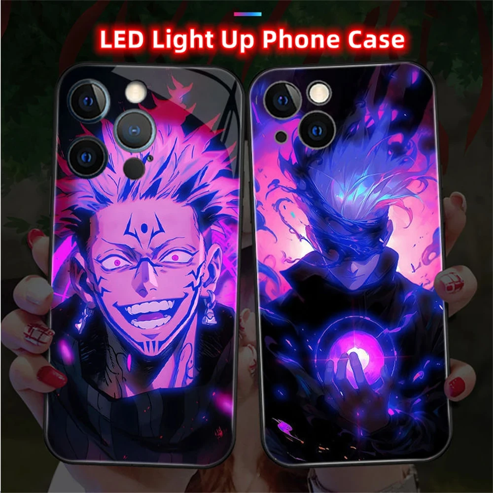 

2024 Top Cool Anime Design LED Light Up Glass Phone Case Back Cover For iPhone 15 14 13 12 11 Pro Max XR XS Plus SE2020