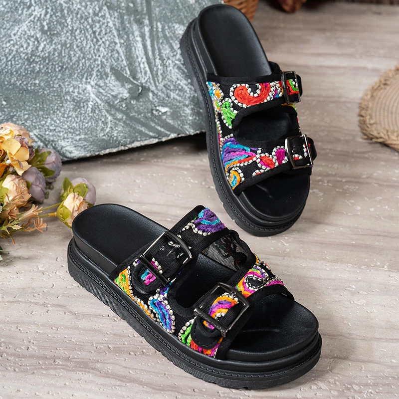 Women's Mix Color Chunky Platform Slippers Fashion Flowers Non-Slip Sandals Buckle Soft Thick Bottom Casual Slides