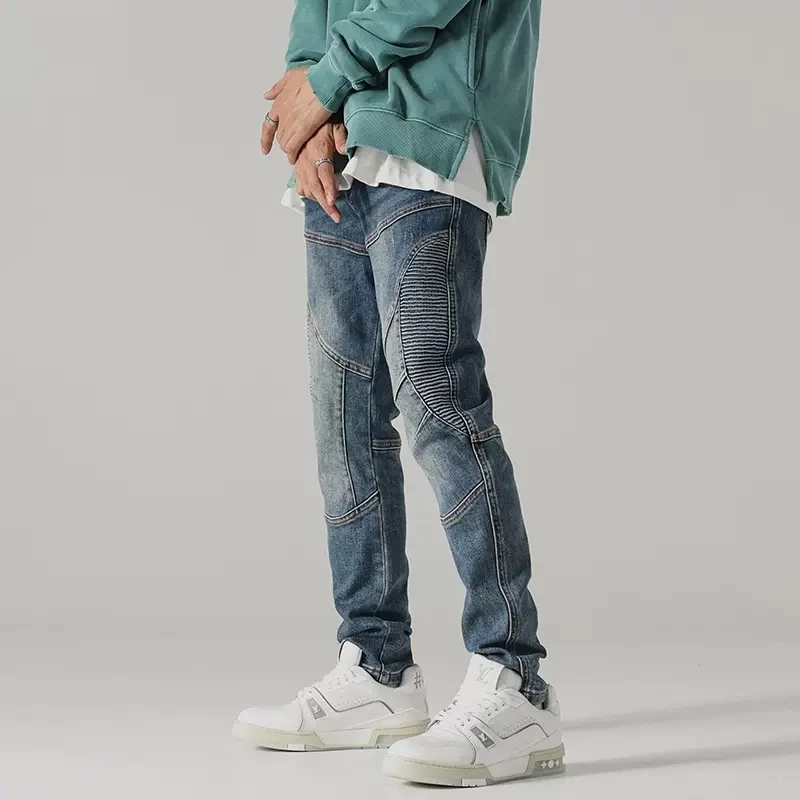 Street Fashion Men Jeans Retro Blue Elastic Slim Fit Spliced Biker Jeans Men Punk Trousers Patched Designer Hip Hop Pants Hombre