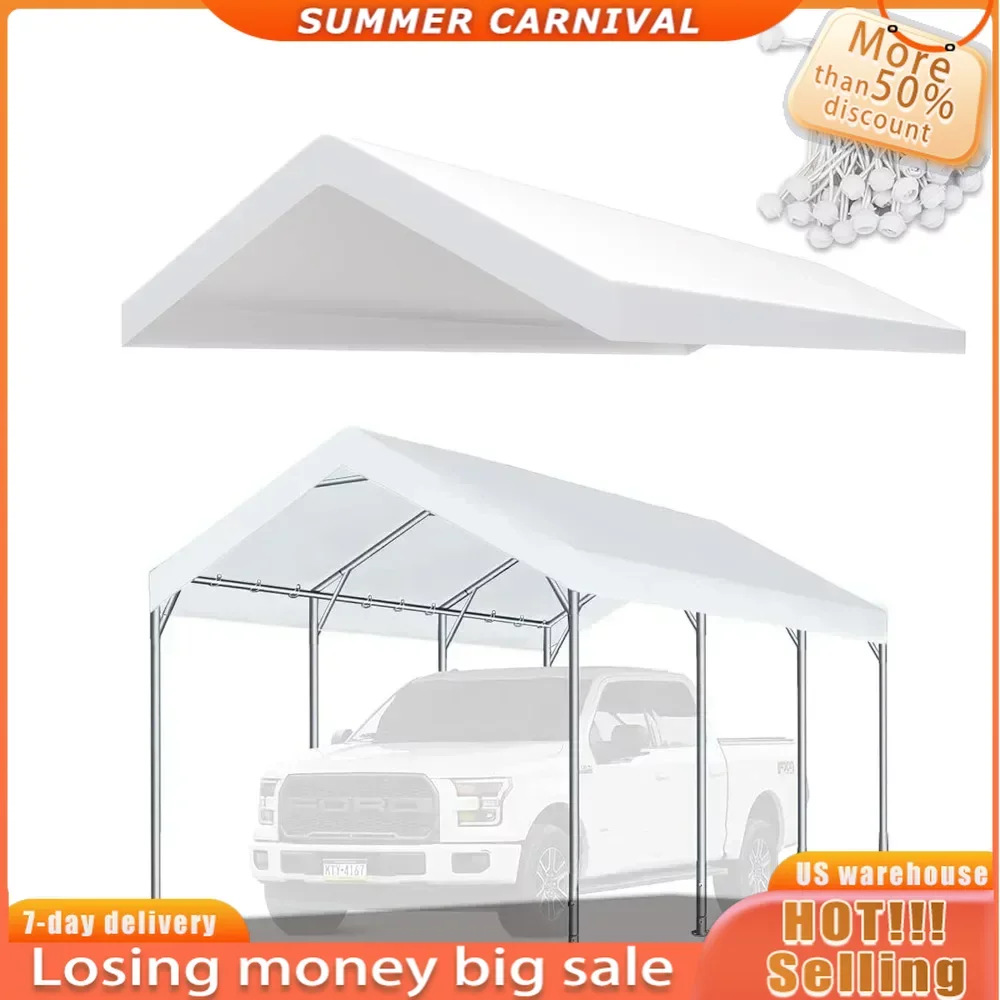 

Carport Replacement Top Canopy Cover 10'x20' White for Car Garage Top Tarp Shelter Waterproof & UV Protected W/Ball Bungees Home