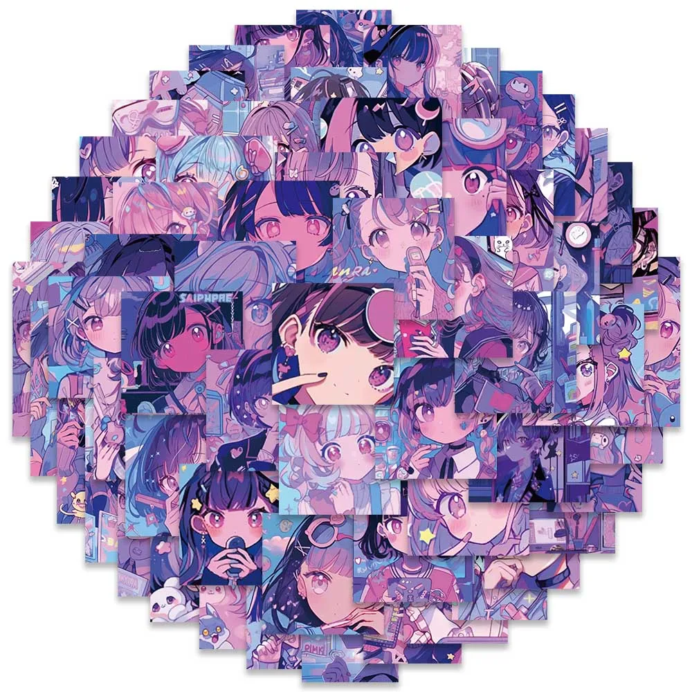 61pcs Cute Cartoon Purple Vaporwave Anime Girls Stickers For Laptop Phone Luggage Guitar Diary Waterproof Graffiti Decals