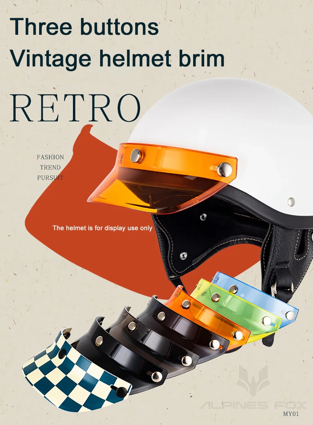 Retro-Halbgesichts-Motorradhelm mit 3 Druckknöpfen, hochklappbarer Windschutz, Vintage-Motorradhelme, Zubehör – Detail 1