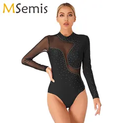Women's Teen Glitter Rhinestone Ballet Dance Leotard Mesh Long Sleeve Gymnastics Leotards Bodysuit Acrobatics Skating Costumes
