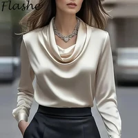 Satin Long Sleeve Shirt Women Elegant Slik Tops Female Solid Color Office Blouse For Women Spring Autumn Pullover