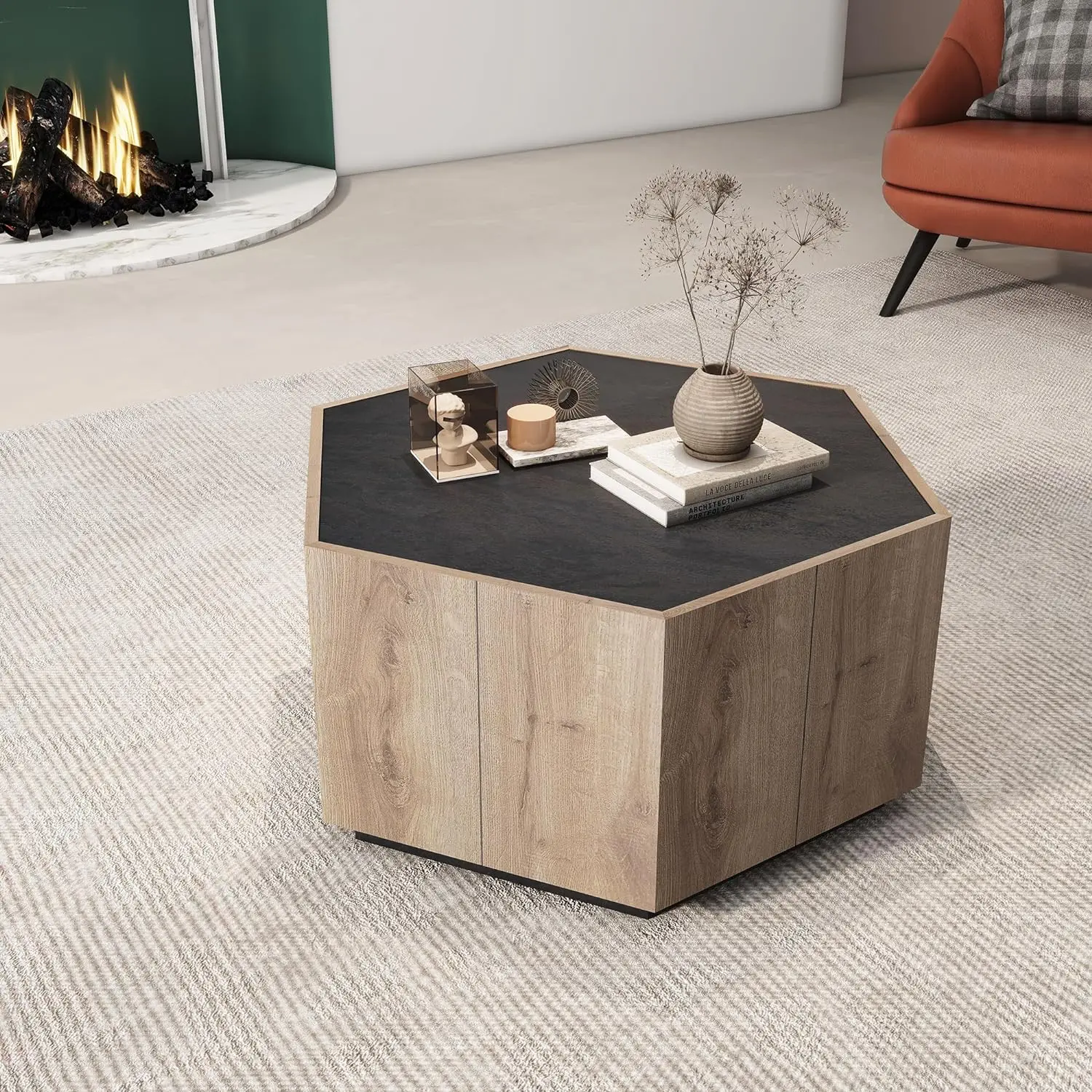 

Hexagonal Wood Coffee Table with 2 Drawers,Retro Textured Black Warm Center Circle Accent Table,Cocktail Table for Living Room