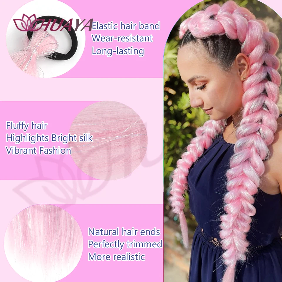 Synthetic Braiding Hair Extensions 2-pack Colorful Braid Ponytail Extension With Hair Tinsel Jumbo Ponytail For Women