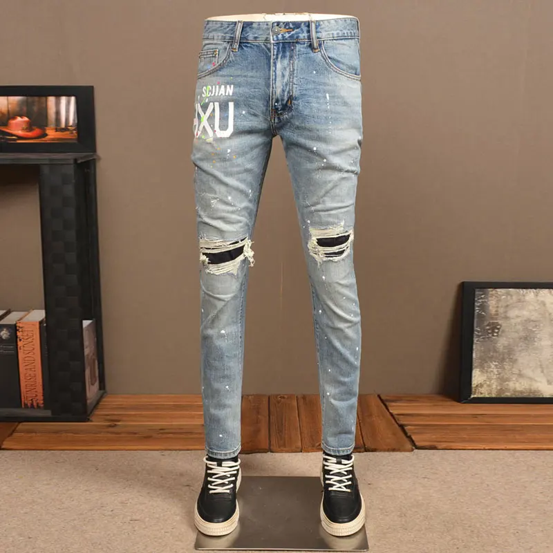 High Street Fashion Men Jeans Retro Light Blue Stretch Slim Fit Painted Ripped Jeans Men Printed Designer Hip Hop Denim Pants
