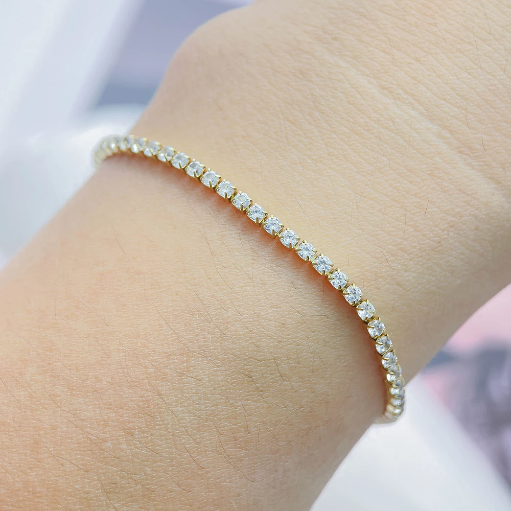 2mm Thin 15-17-19cm+2cm Cluster Crystals Gold Color Stainless Steel Link Chain Tennis Bracelet For Women Girls 2mm