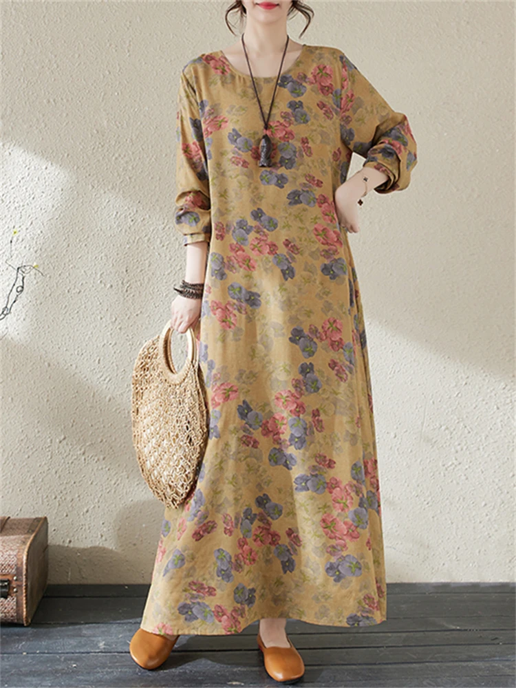 2025 Spring Autumn Cotton Vintage Long Sleeve Print Dresses For Women Casual Loose Dress Femme Robe Vestidos Elegant Clothing