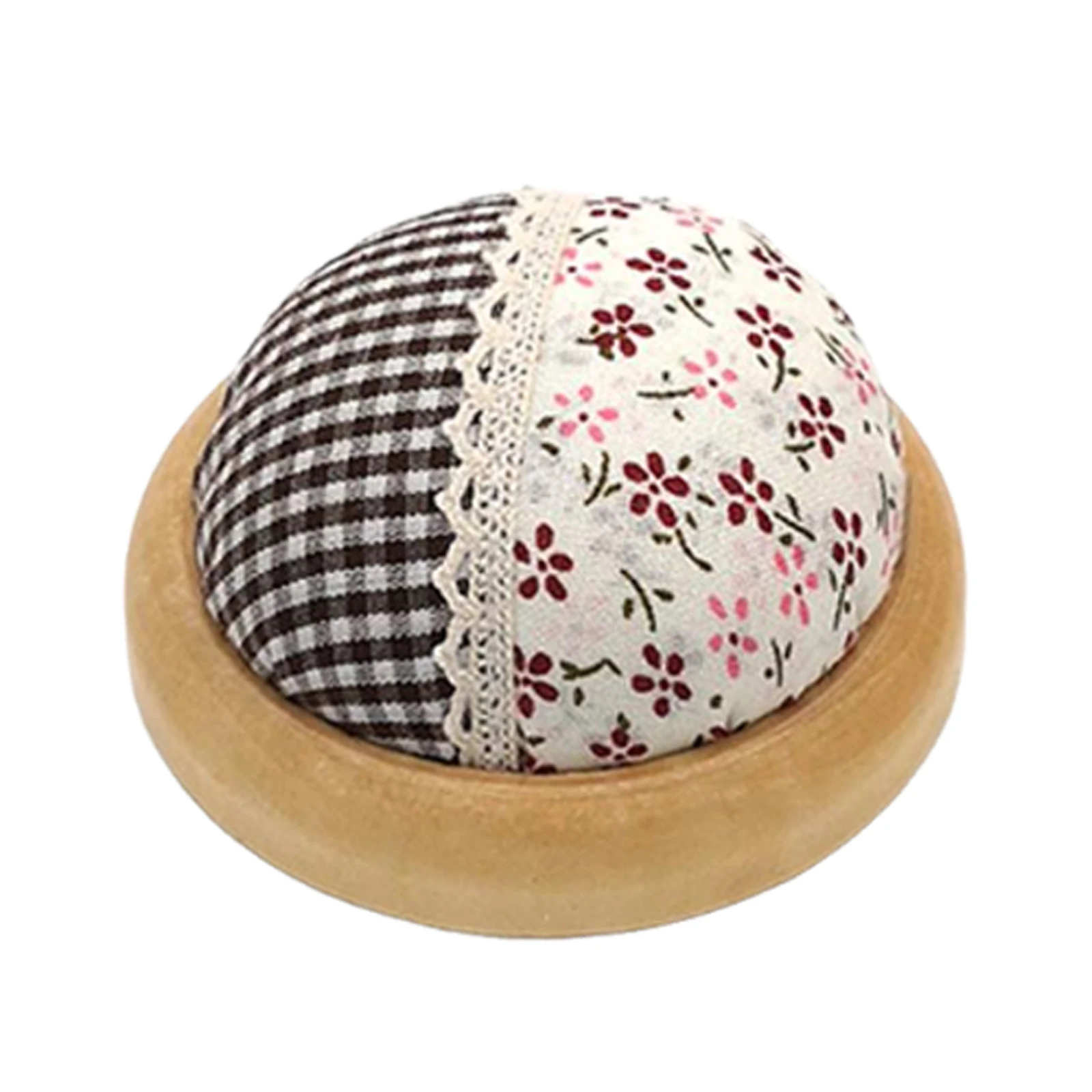 둥근 핀쿠션 꽃무늬 스타일 바느질 바늘꽂이, 퀼팅 자수 바느질 DIY 공예용 나무 받침대 포함