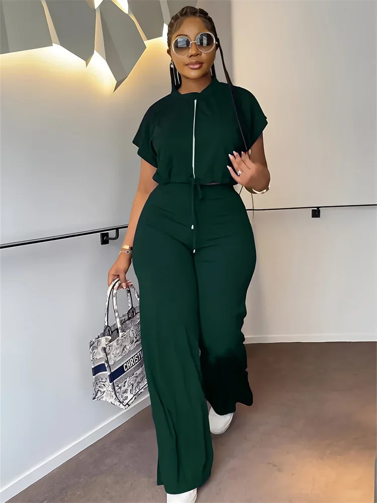 Wmstar Women Two Piece Set Casual Solid Color Short Sleeve Drawstring Zipper Jacket + Streetwear Straight Pants Matching Outfits