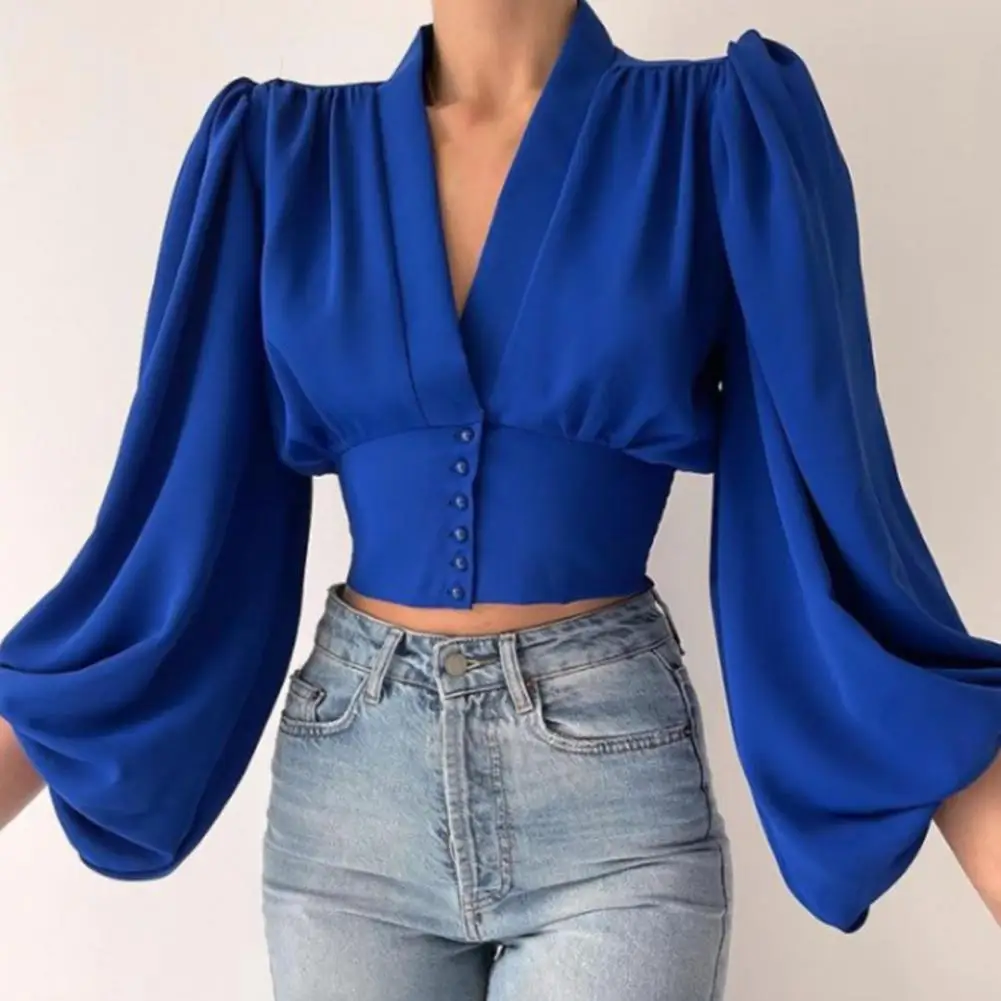 

Flower Print Vintage Cropped Shirt Lantern Long Sleeve Irregular Geometry Print Office Women Shirt V-neck Waist Tight Shirt