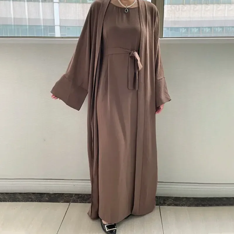 2 Piece Abaya Set Matching Muslim Suit Crepe Open Abayas for Women Dubai Turkey Sleeveless Hijab Dress African Islamic Clothing