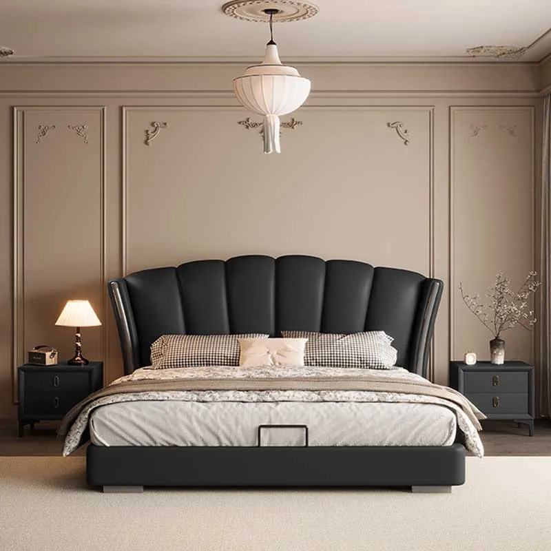 

Leather Nordic Double Bed Black Modern Storage Platform Luxury Twin Bed Frame Design Wood Sleeping letto matrimoniale furniture