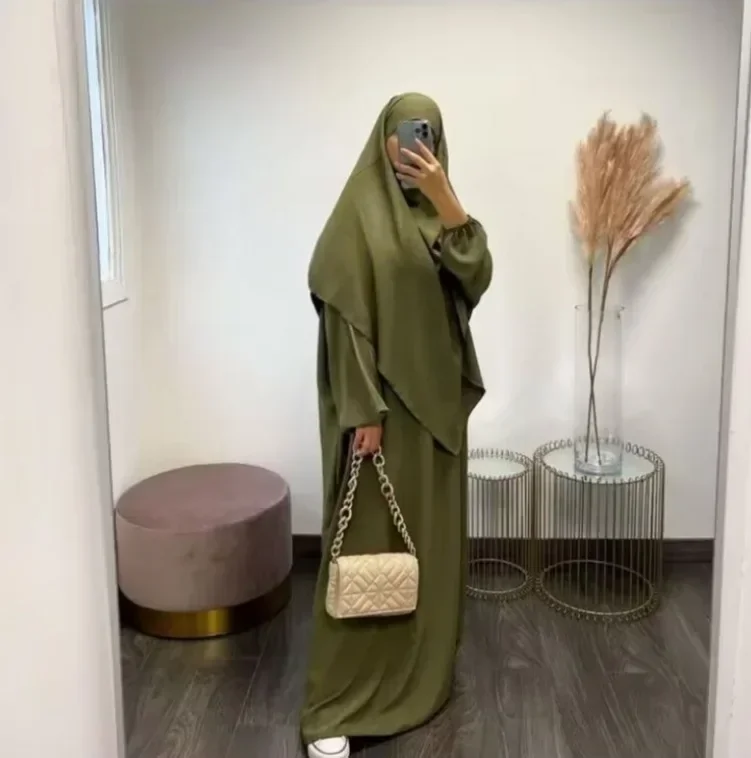 Long Hijab Khimar with Abaya Dress Jilbab 2 Piece Set for Women Ramadan Muslim Prayer Clothes Islam Abayas Dubai Niqab Djellaba
