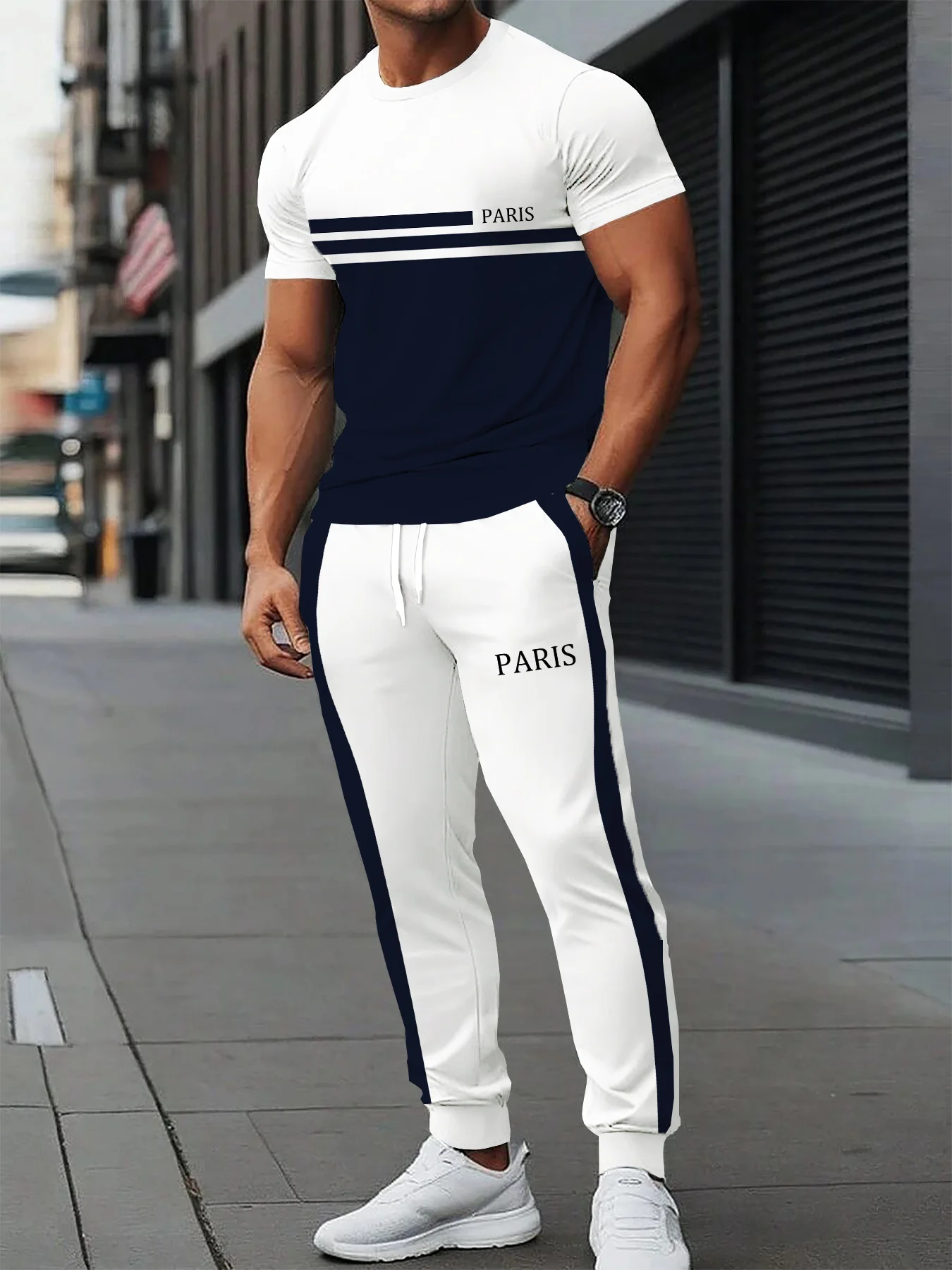 Fashionable men's polyester micro elastic letter print breathable round neck T-shirt pants set summer outdoor casual sportswear