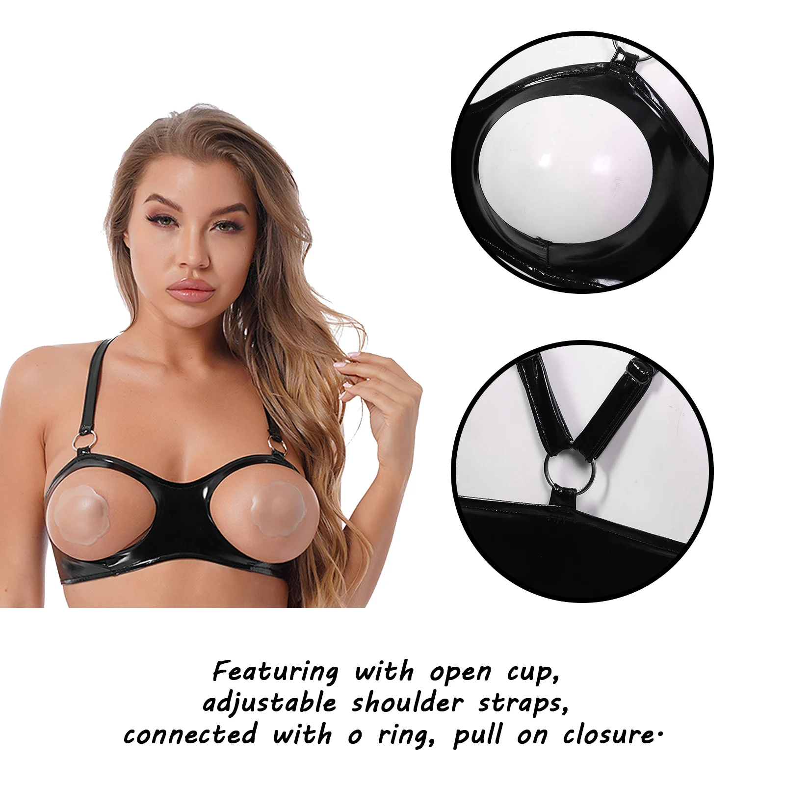 Nimiya Womens Black Wet Look Patent Leather Open Cup Bare Bras Adjustable Straps with O Ring Crop Tops Night Lingerie Underwear