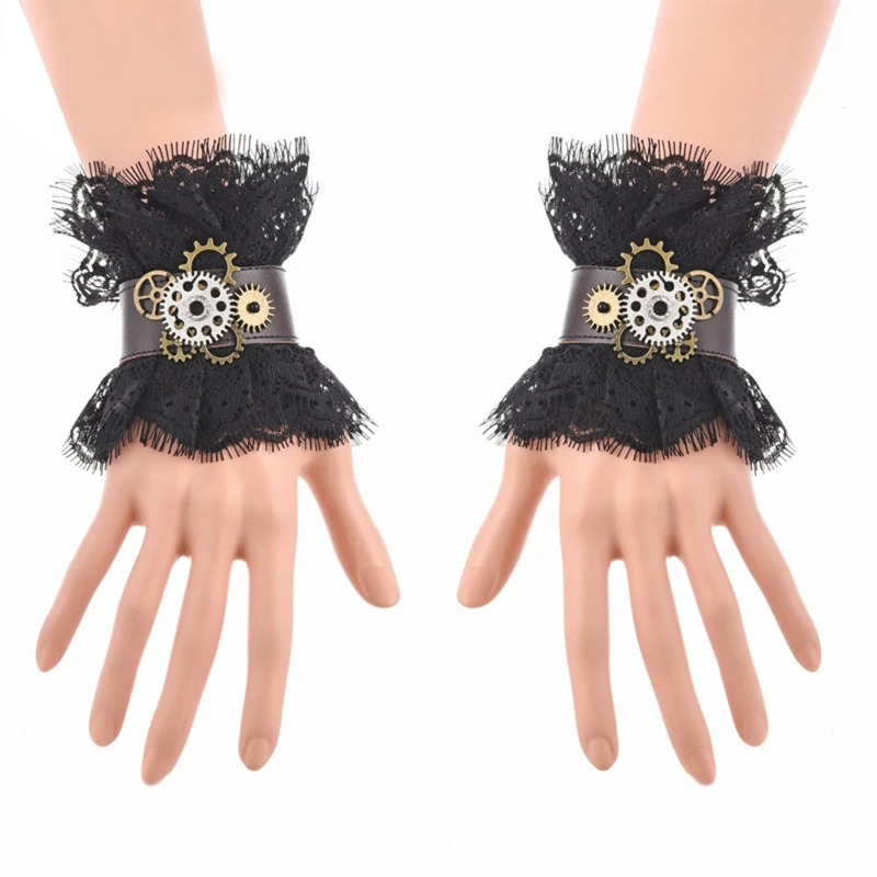 

1 Pair Retro Gothic Women Lace Cuffs Victorian Gothic Lace Bracelet Steampunk Black Gear Wrist Cuff Bracelet Wristband