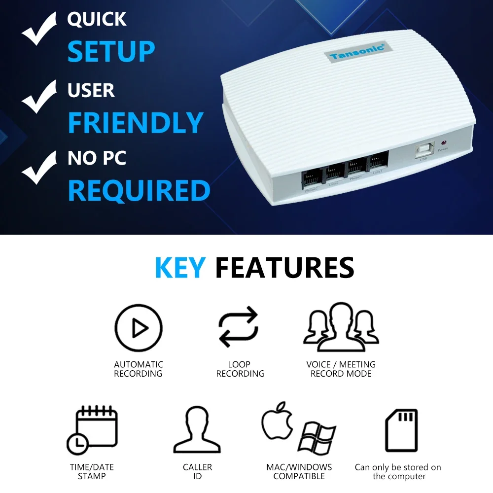 2CH Voice Recorder Activated USB Telephone Recorder Enterprise Use Landline Monitor USB phone Recording Phone audio recorder For voice recorder