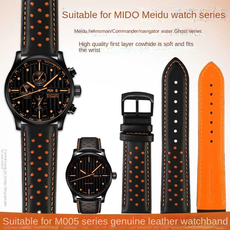 

Men's Leather Strap For Mido Helmsman m005 Orange Rudder M005614 Male Watch Chain with Butterfly Clasp Bracelet 22mm