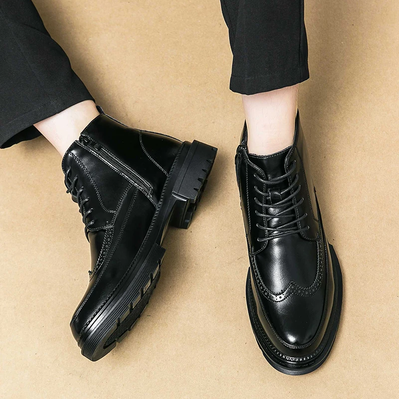 Brogue Black short men's boots Fashionable versatile gentleman style Business Office Daily Outdoor Leisure Party Adult shoes