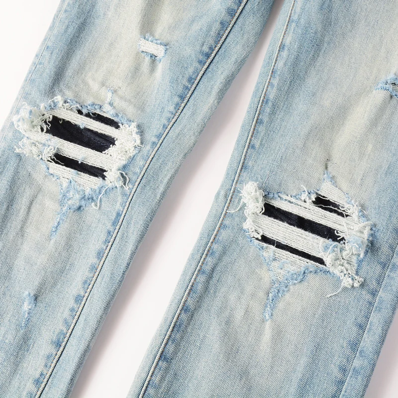 High Street Fashion New Jeans Elastic Slim Fit Retro Hole Patch Versatile Jeans Hip Hop Brand High Quality Light Blue Pants